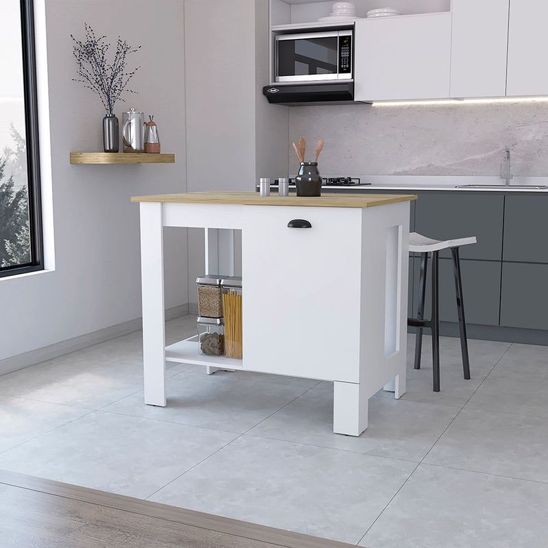 Vancouver 1-Door Kitchen Island With Open Shelf White And Macadamia_voghion.com