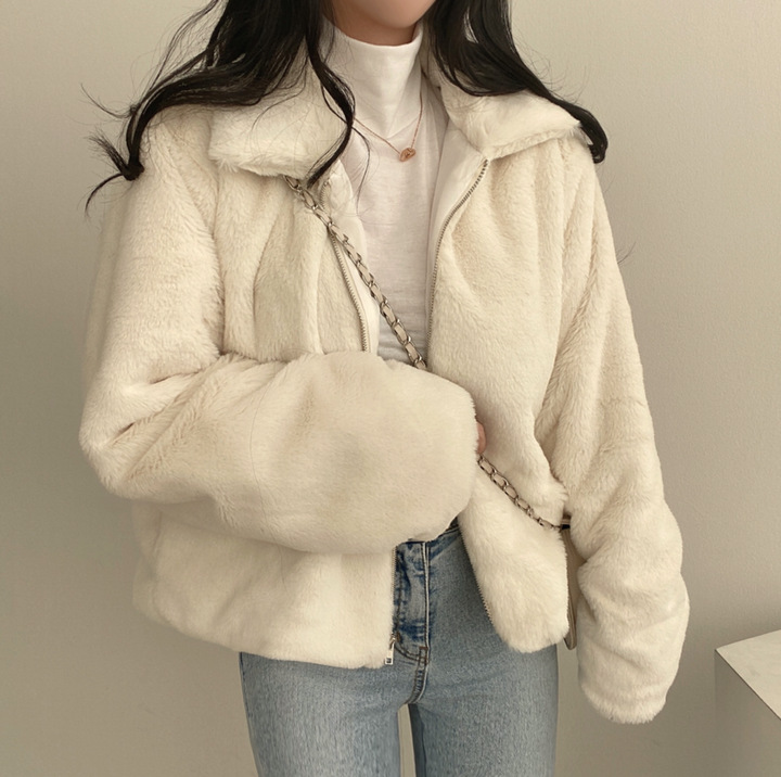Women's lapel zipper plush feeling loose and versatile short style thickened long-sleeved coat for women_voghion.com