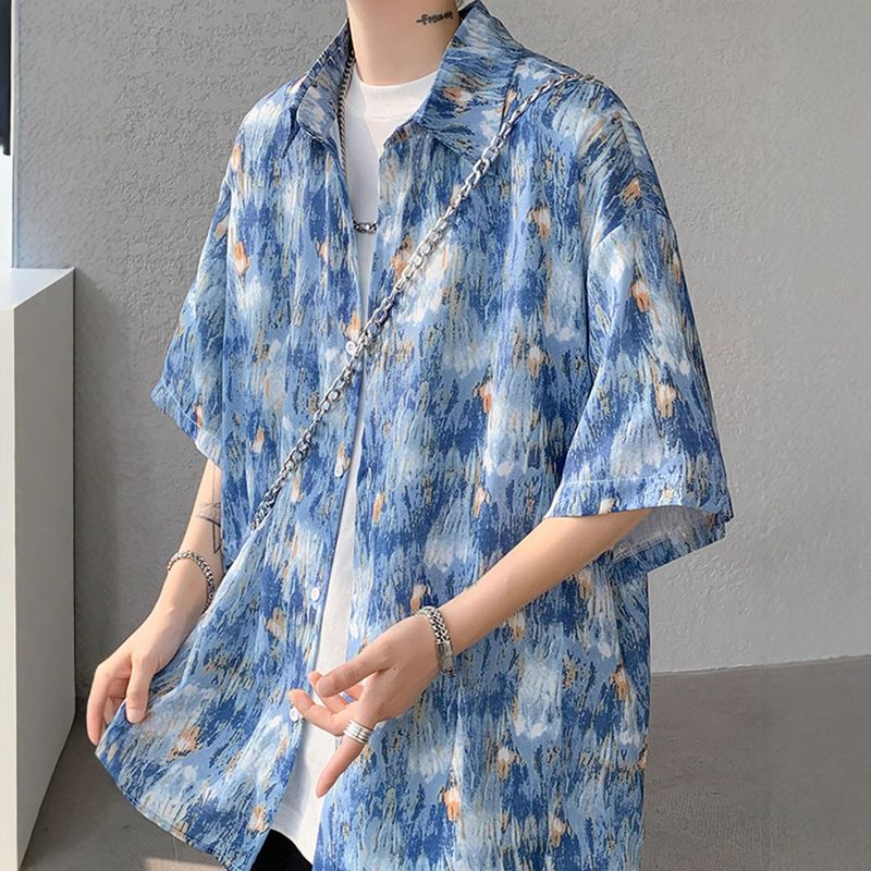 Camicia a maniche corte con effetto tie-dye Dopamine per uomo, design vintage estivo, camicia floreale, giacca in seta ghiacciata_voghion.com