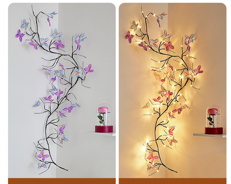 Lampada da parete per interni a LED con foglie di farfalla in rattan, forma pieghevole, atmosfera romantica_voghion.com