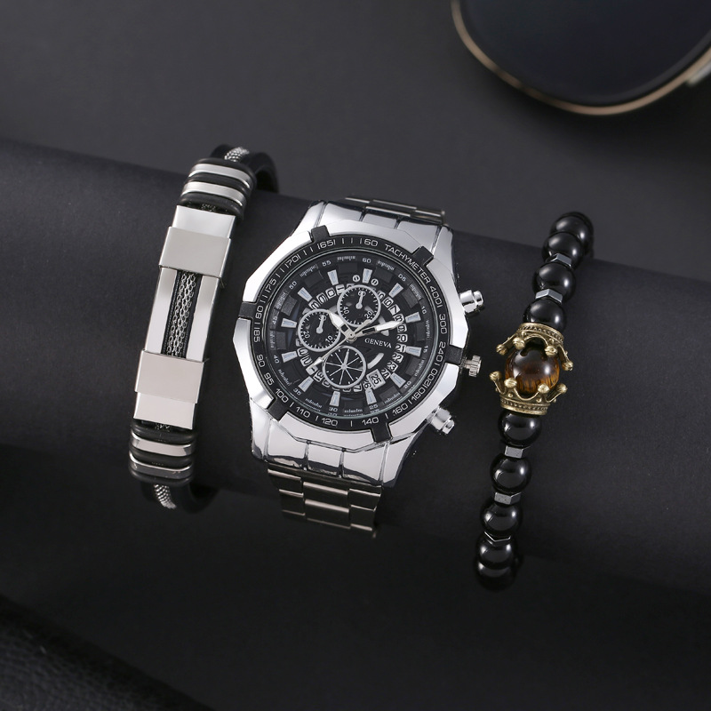 Men's Watches Non Mechanical Watch Set Men's Fashion Casual Steel Band Quartz Watch + Versatile Bracelet 3pcs/set_voghion.com