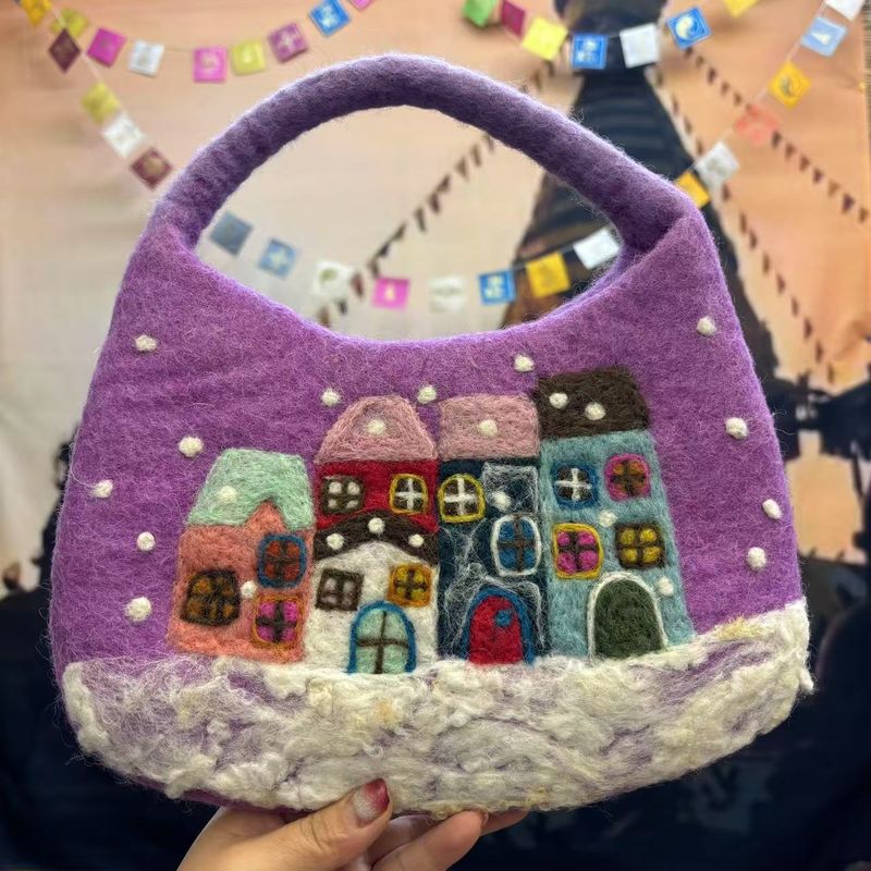 Borsa in feltro di lana con infeltrimento ad ago, graziosa mini borsa a forma di casa con fiori_voghion.com