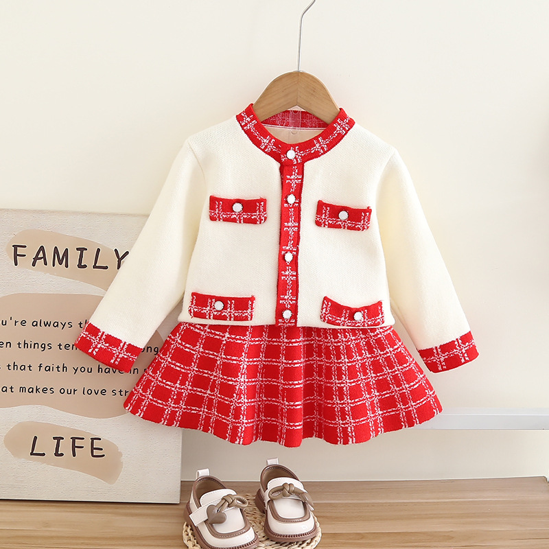 Jupe pull pour filles, petit style parfumé à finitions dorées, jupe deux pièces tricotée de style simple, cardigan à manches longues à la mode pour bébé fille_voghion.com