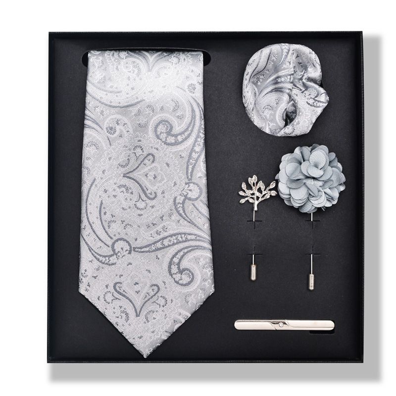 Set da uomo alla moda in tinta unita a righe con anacardi, confezione regalo da 6 pezzi, set con corsetto con fermacravatta e sciarpa quadrata_voghion.com