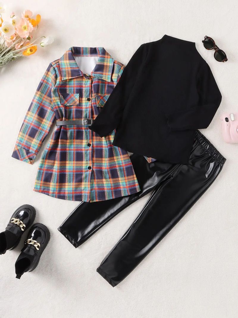 Ensemble trois pièces pour fille, chemise mi-longue à revers et pull basique, pantalon en cuir, nouvelle collection automne_voghion.com