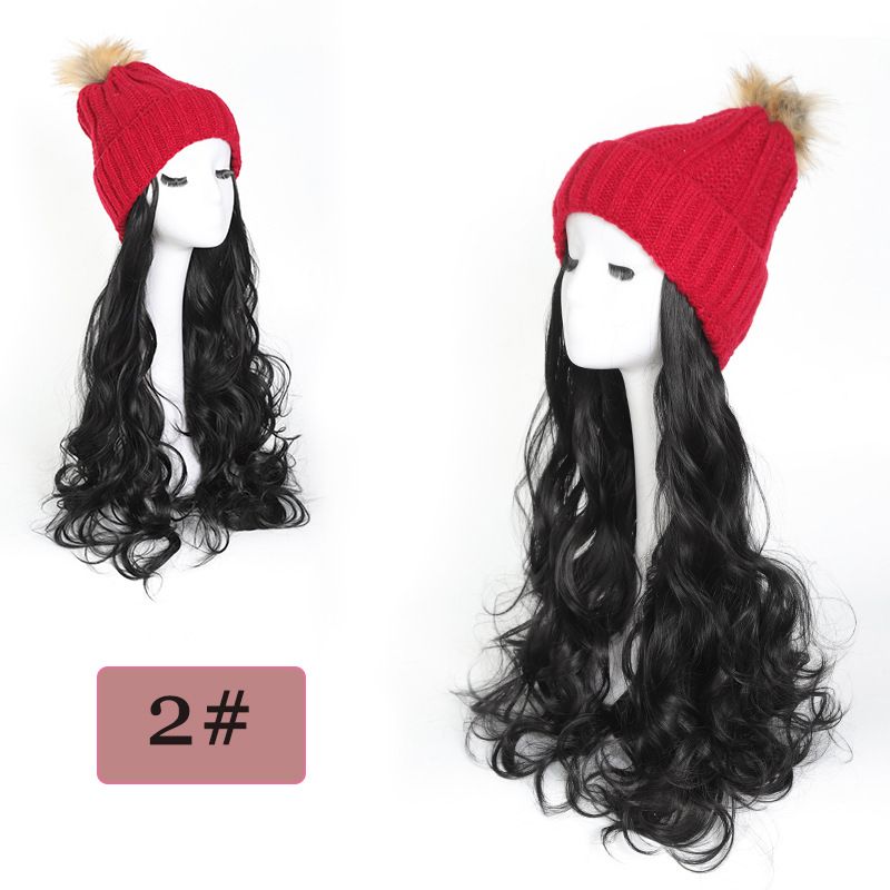 Cappello lavorato a maglia da donna, cappello a palla di lana, parrucca in fibra chimica, 45 cm più velluto, cappello invernale in lana_voghion.com
