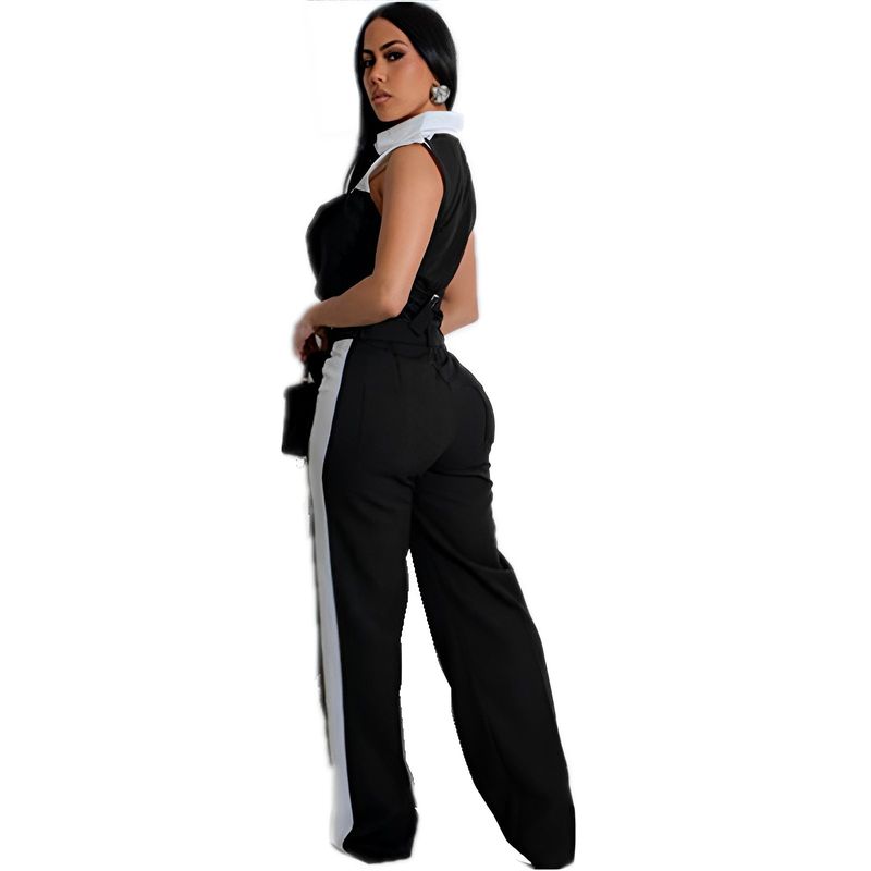 Moda primavera estate colore contrasto due pezzi set donne camicia a maniche corte top dritto pantaloni lunghi elegante 2 pezzi set donne_voghion.com
