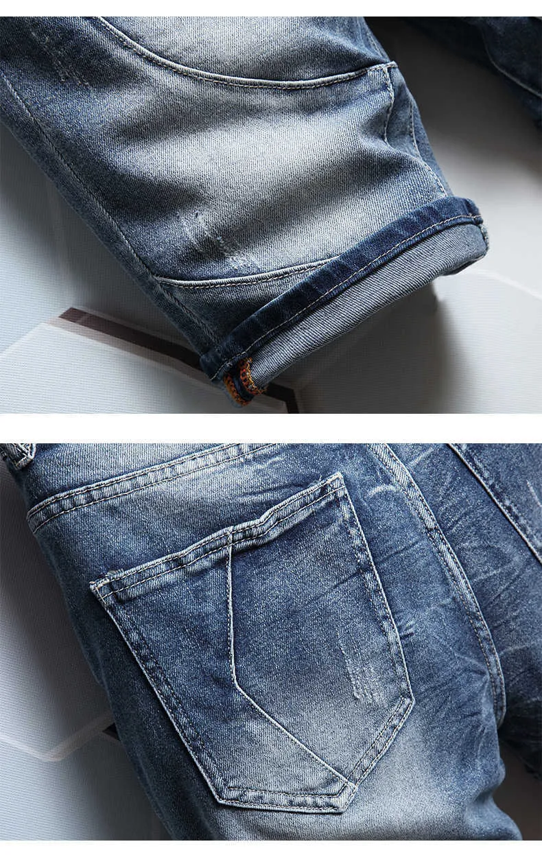 2022 Zomer Nieuwe Rechte Stretch Denim Shorts Voor Heren, Koreaanse Mode, Katoen, Streetwear, Slim-Fit Cropped Jeans, Met Panelen_voghion.com