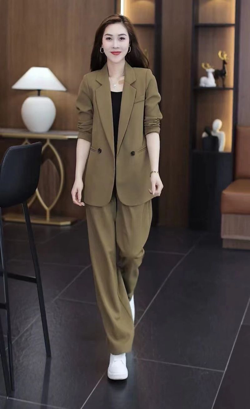 "Plus Size Women's Blazer & Wide-Leg Pants Suit Set Comfortable Business Casual Outfit Spring Autumn Stretch Fabric"_voghion.com