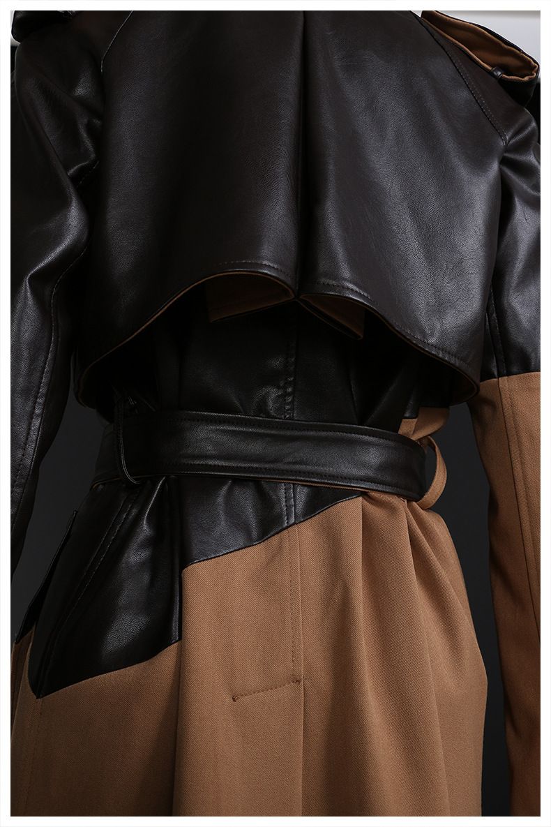 Women's Clothing Spliced Leather Trench Coat Women's Long Style Temperament Over Knee Lace up Waist Khaki Color Splicing Temperament 1396_voghion.com