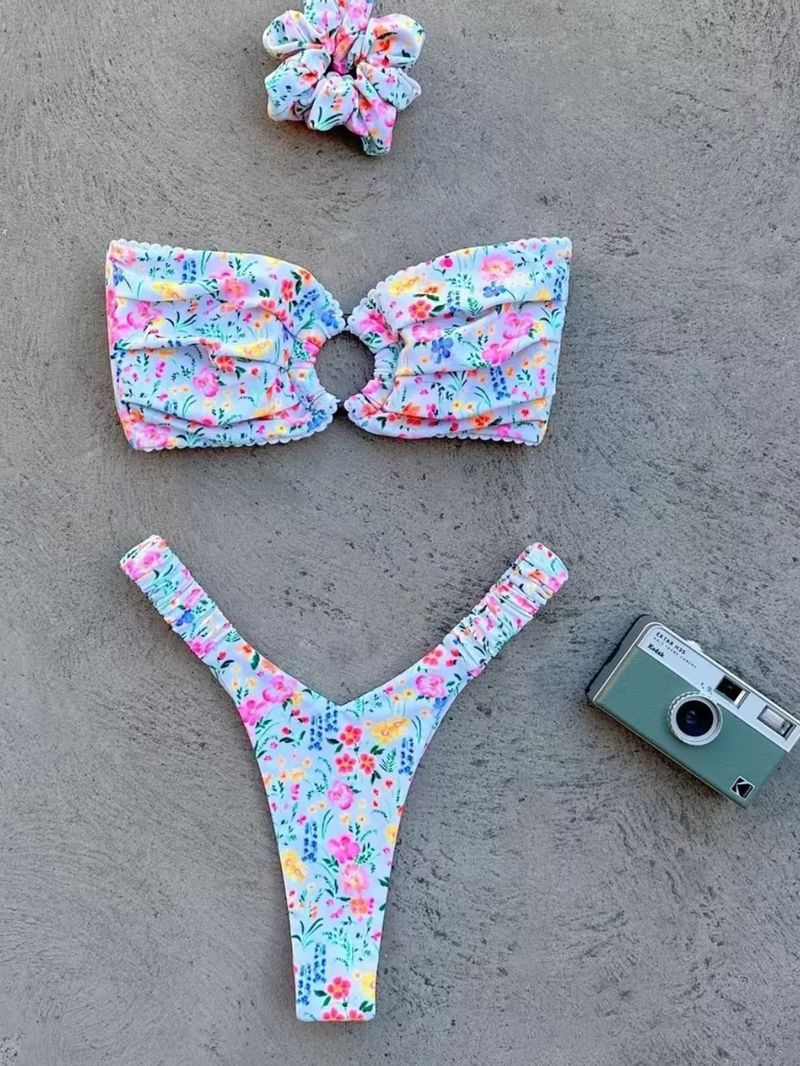 Damenbekleidung Mode Frischer Druck Ring Soft Pack Tube Top Bikini Split Badeanzug_voghion.com