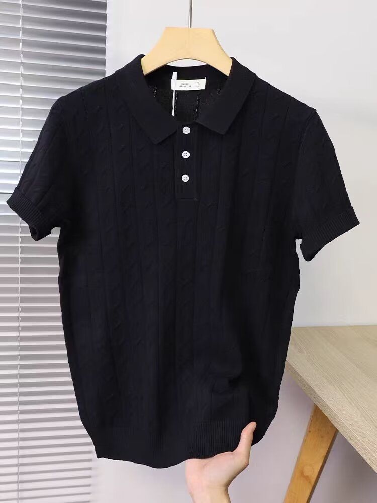 Ropa para hombre, polo, camiseta de manga corta con solapa y punto calado, camiseta de media manga, color liso, fina._voghion.com