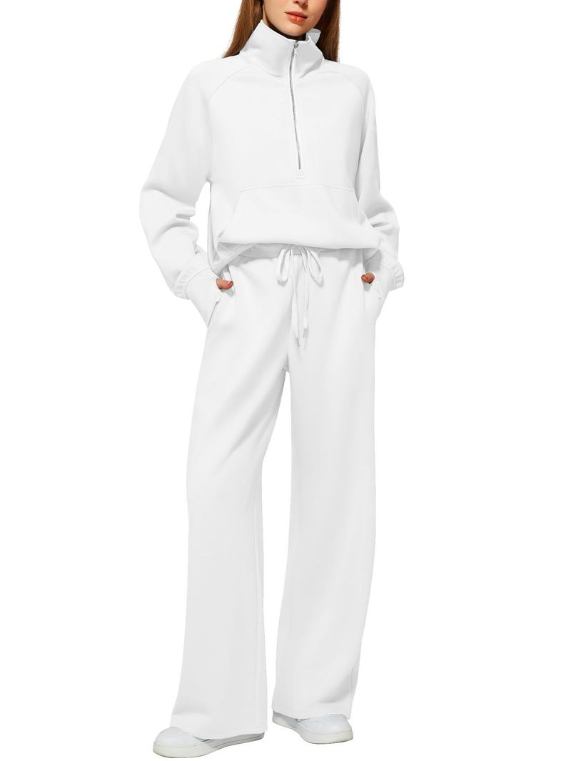 2025 Women's Two-Piece Oversized Half-Zip Sweatshirt Wide-Leg Sweatpants Casual Set_voghion.com
