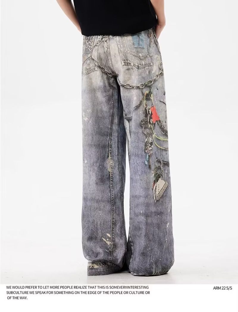 Erkek Giyim Retro Eski Atık Tarzı 3D Baskılı Vintage Eskitilmiş Baskılı Zincir Düz Paça Kot Pantolon - Rahat Kesim, Konforlu ve Şık_voghion.com