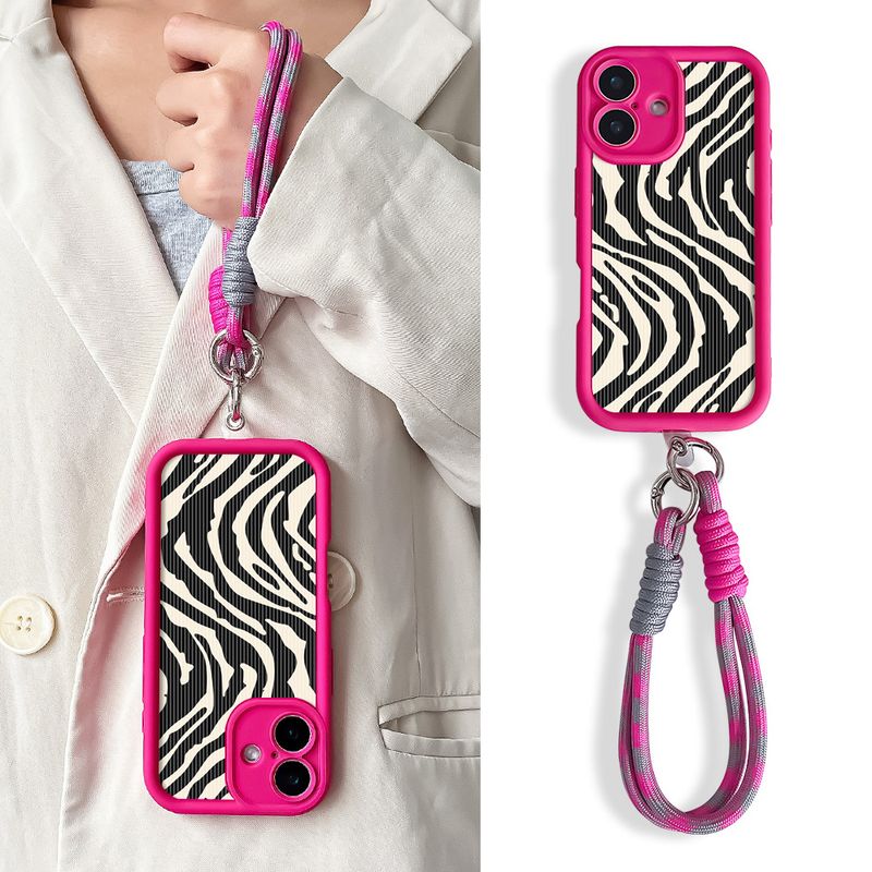 Étui de téléphone avec dragonne pour iPhone 16 Pro Max Plus, motif zébré, motif treillis, TPU souple, chaîne de poignet, dragonne, coque antichoc_voghion.com