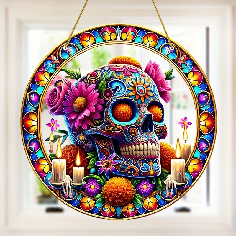 Acchiappasole vibrante a forma di teschio di zucchero - Arte in acrilico colorato da 23 cm. Decorazione festiva per le celebrazioni del Dia de Muertos o per gli spazi dei bar._voghion.com