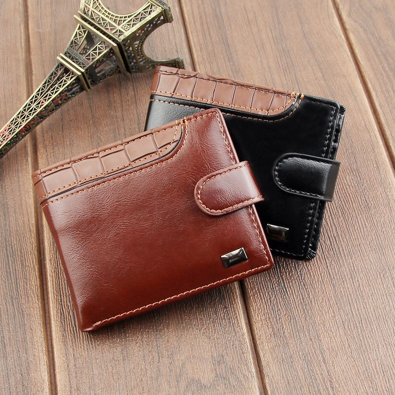 Cartera corta para hombre con hebilla de negocios, de cuero suave, multifunción, con diseño de patchwork, para licencia de conducir_voghion.com