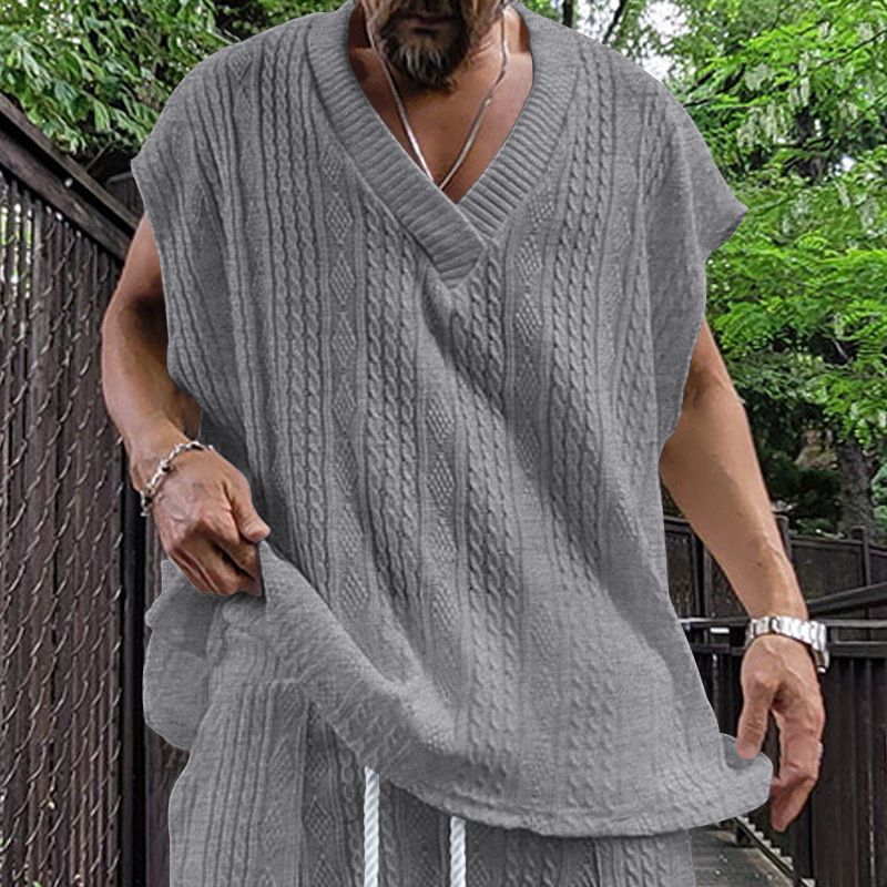 Gilet en tricot jacquard ample à col en V pour hommes, nouvelle collection d'été, surdimensionné et décontracté_voghion.com