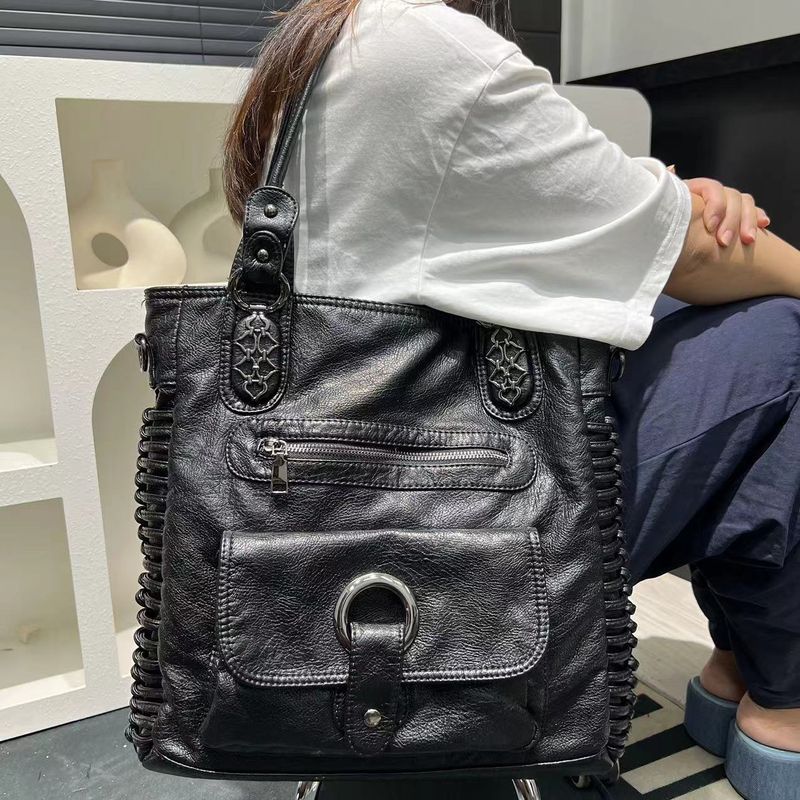 Borsa da donna alla moda, stile retrò, stile vintage, stile motociclista, grande capacità, lavata, multitasche, tracolla_voghion.com