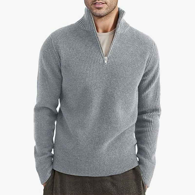 Suéter masculino de malha de inverno com gola de meio zíper - Pulôver grosso e quente, corte slim, lavável à máquina (cáqui/branco/cinza/preto/marrom)_voghion.com