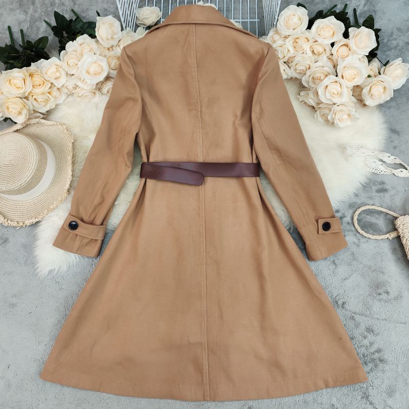 Abrigo de lana cruzado oversize para mujer - Gabardina clásica para otoño e invierno, elegante para la oficina, abrigo largo color caqui con solapa de muesca_voghion.com