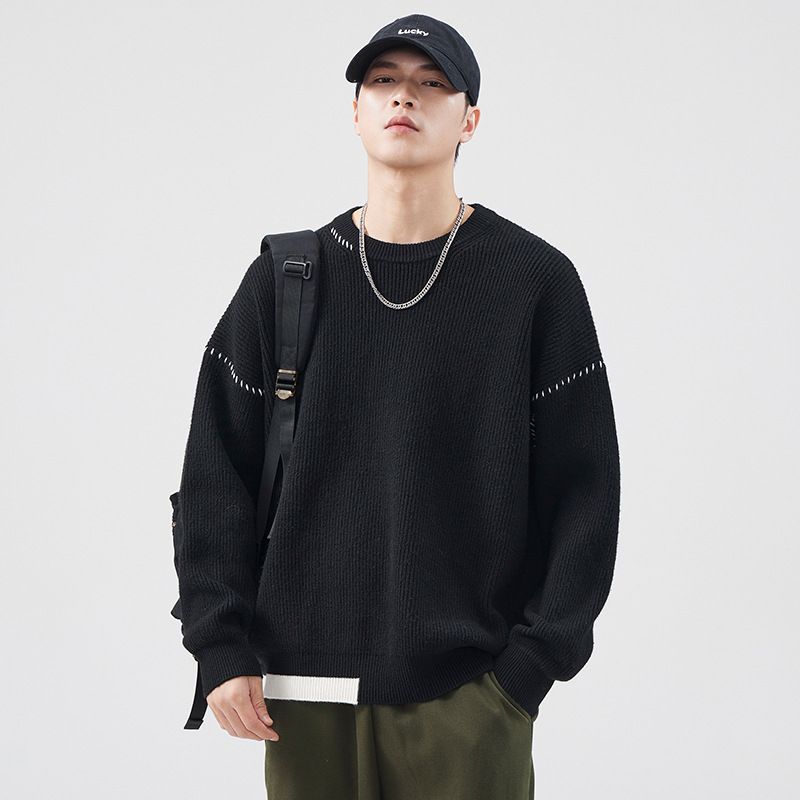 Grau High-End-Pullover für Männer Neue Herbst Winter Patchwork Warm Lose Rundhals Pullover Strickwaren_voghion.com