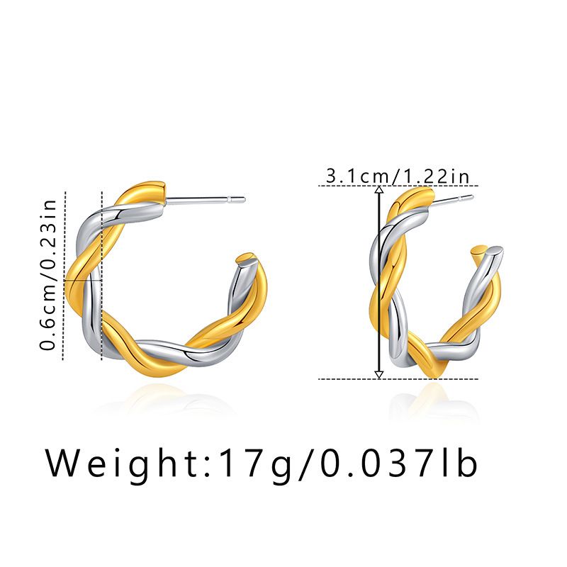 Gold and silver contrasting design personality earrings K real gold plated niche metal texture cross twist earrings_voghion.com