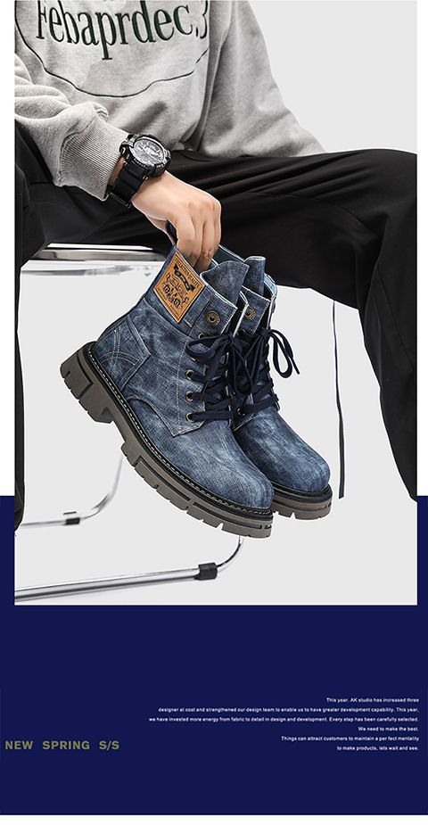 Men’s Shoes version sweet retro style thick heel round toe front lace up men's mid tube denim boots_voghion.com