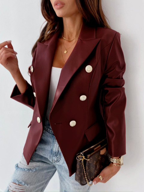 Giacca piccola da donna in pelle PU a maniche lunghe doppiopetto alla moda_voghion.com