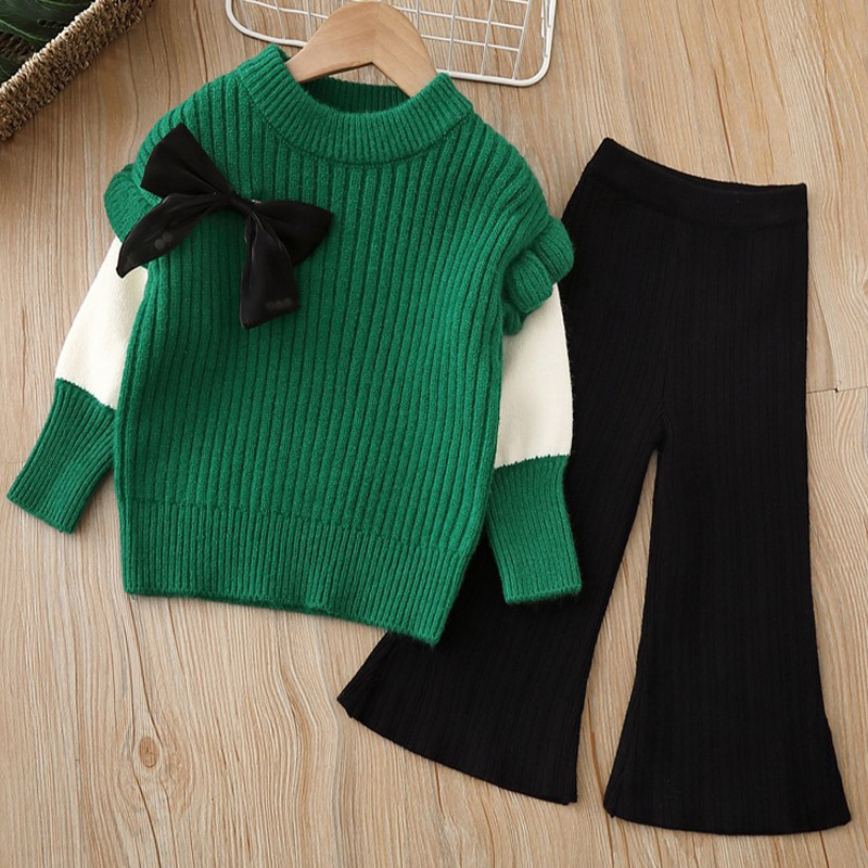 Maglione delle ragazze 2024 Primavera delle nuove donne Tesoro camicia con fondo lavorato a maglia Pantaloni a gamba larga Set a due pezzi Abbigliamento per bambini coreano_voghion.com