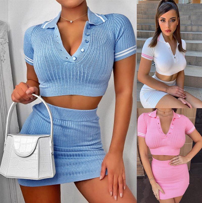 Zweiteiliges Damen-Set mit kurzärmeligem Rock und Nabel-entblößtem Pullover_voghion.com