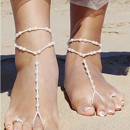 Nova moda simples camada dupla praia tornozeleira pérola pé anel conjunto de duas peças_voghion.com