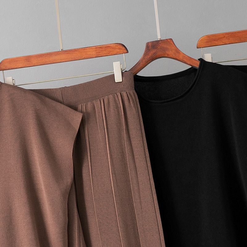 Damenbekleidung, gestrickter Freizeitanzug, ärmellose Weste, Pullover, Hose mit weitem Bein, zweiteiliger Anzug_voghion.com