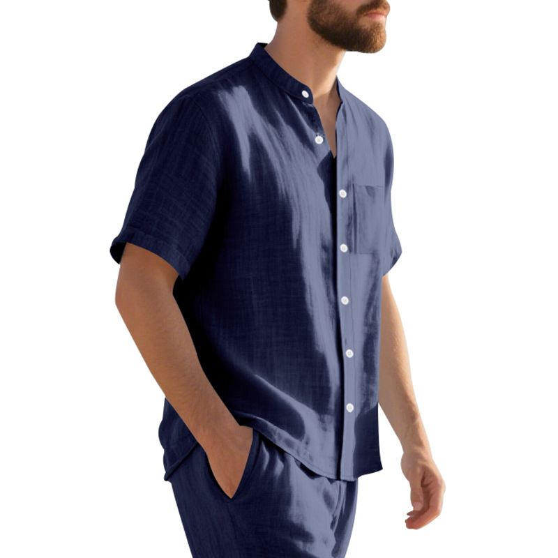 Camisa de lino de manga corta para hombre, nueva, de color liso, con cuello alto y bolsillo, holgada, informal_voghion.com