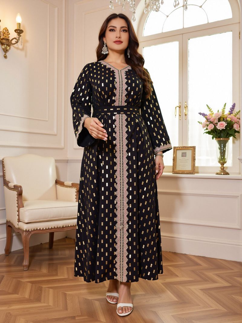 Abbigliamento da donna, taglie forti, abito musulmano Abaya con stampa oro_voghion.com