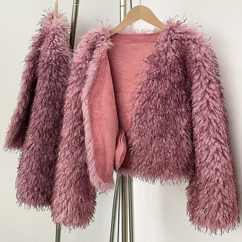Damenbekleidung, kurzer Kunstpelzmantel mit Lederbesatz, elegante Winterjacke mit V-Ausschnitt für die Freizeitkleidung im Büro (Rosenrosa, Einheitsgröße, passt bis zu 60 kg)_voghion.com