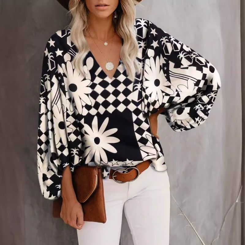2025 neue Frühling Sommer Herbst V-Ausschnitt Casual Shirt gedruckt Laterne Ärmel Top Damenbekleidung_voghion.com