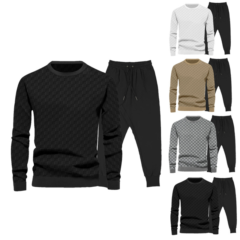 Herbst Winter Herrenmode Rundhalsausschnitt Karierte Ärmel Basishemd Lässig Lange Hosen Set_voghion.com