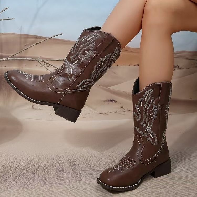 Neue winterbraune Vintage bestickte Western-Cowboystiefel mit klobigem Absatz und V-Ausschnitt_voghion.com