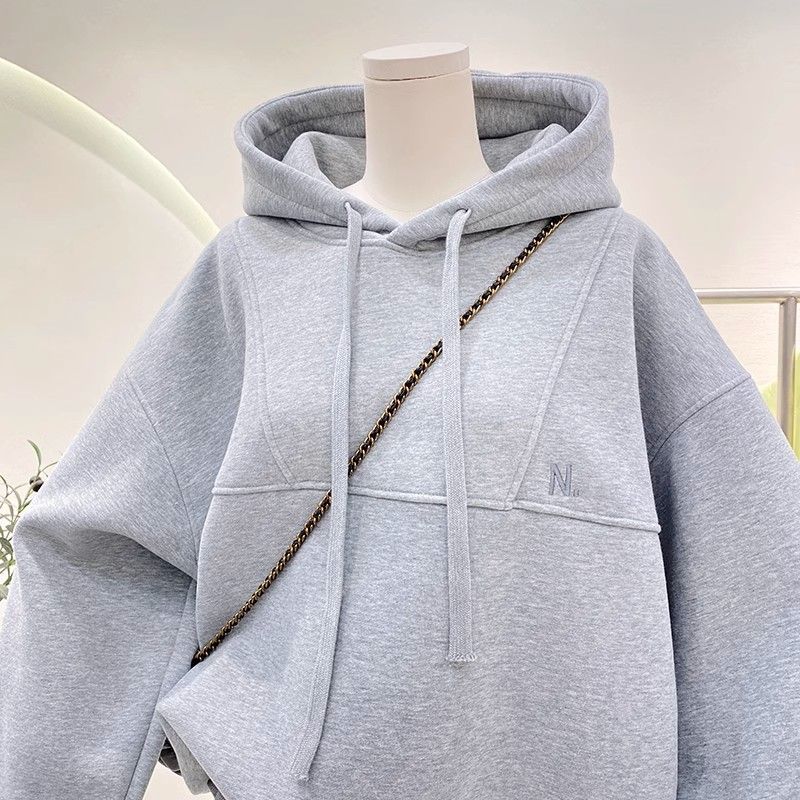 Felpa con cappuccio per donna con pile spesso, autunno e inverno 2024, oversize, versatile, felpa con cappuccio di nicchia_voghion.com