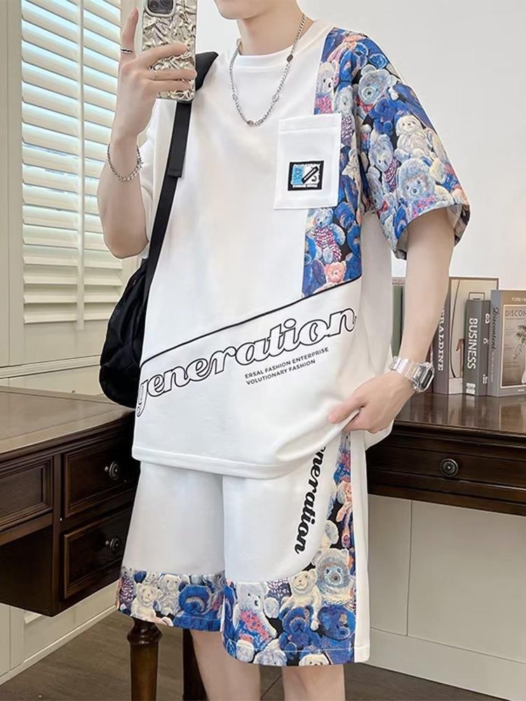 Teenage Clothing waffle sports casual suit teenagers loose matching handsome contrast color two-piece suit_voghion.com