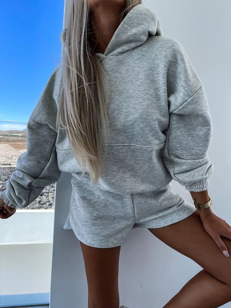 2025 Casual Fashion Set Women's Loose Hooded Sweatshirt Long Sleeved Top Sports Shorts_voghion.com