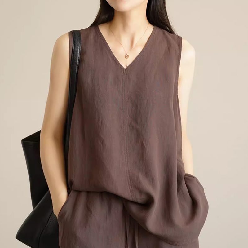 Set due pezzi da donna in cotone e lino, nuovo modello estivo 2025, senza maniche, sottile, largo e traspirante._voghion.com