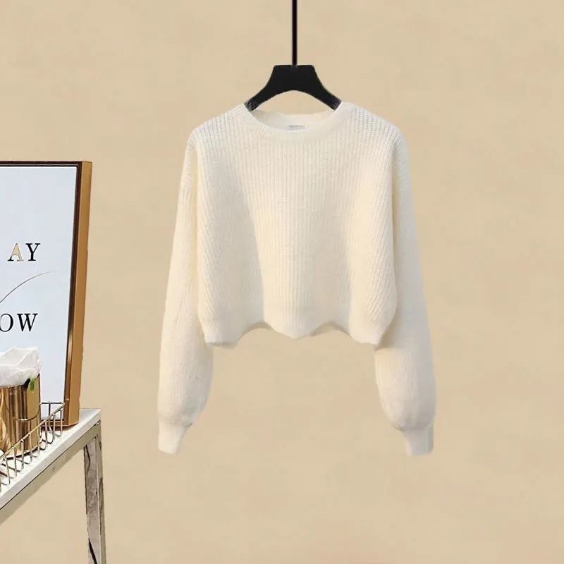 Women's Clothing Plus Size Autumn Suits Age Reducing Wavy Edge Short Sweater Slim Skirt Two Piece Suit_voghion.com