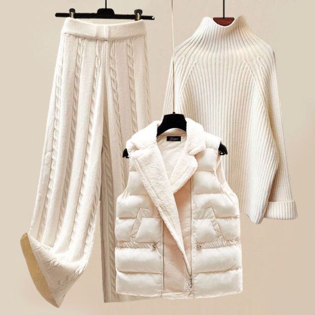 Vêtements pour femmes nouveaux costumes pour femmes gilet épais col haut pull tricoté pantalon large costume trois pièces automne et hiver_voghion.com