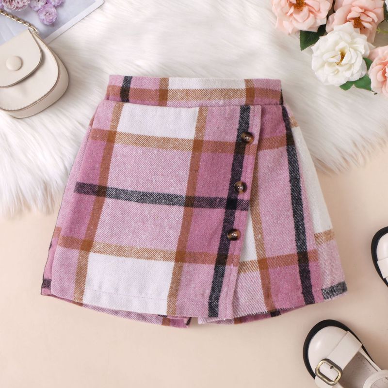 Completo da bambina con maglia a maniche lunghe con scollo quadrato e gonna a pantaloncini irregolari a quadri, in morbido cotone, da 2 pezzi, per la primavera e l'autunno._voghion.com