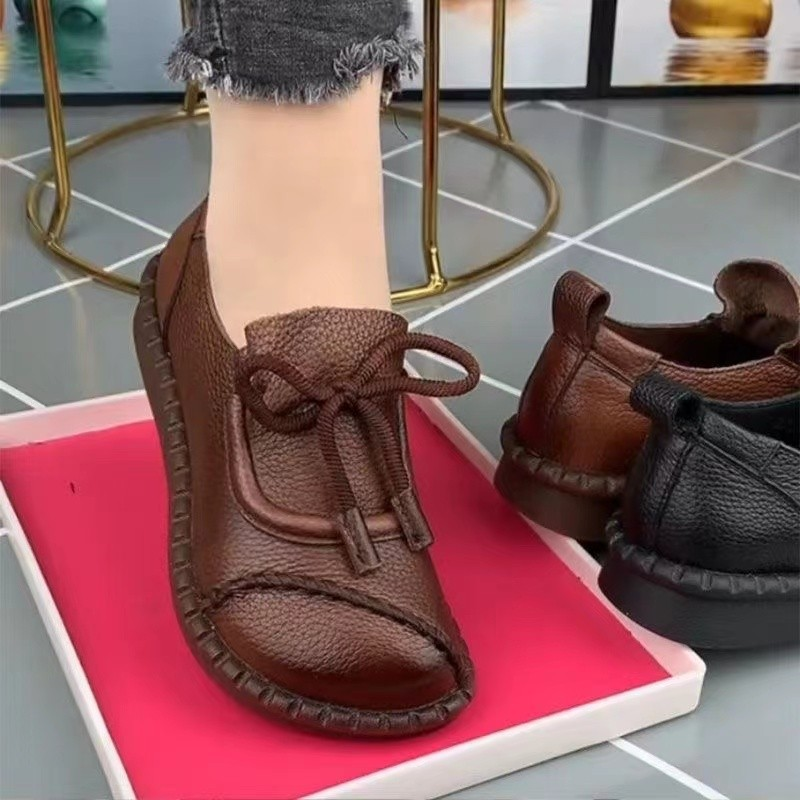 Casual lace up Le Fu mom single shoe 2023 Spring and Autumn season soft sponge cake thick soled small leather shoes_voghion.com