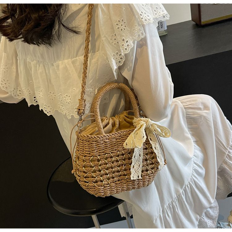 Straw Bag Woven Bag Mori Straw Bag Female Crossbody Beach Holiday Beach Bag Portable Bucket Bag_voghion.com