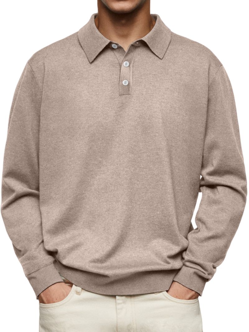 Polo casual da uomo con scollo a V e maniche lunghe, autunnali_voghion.com