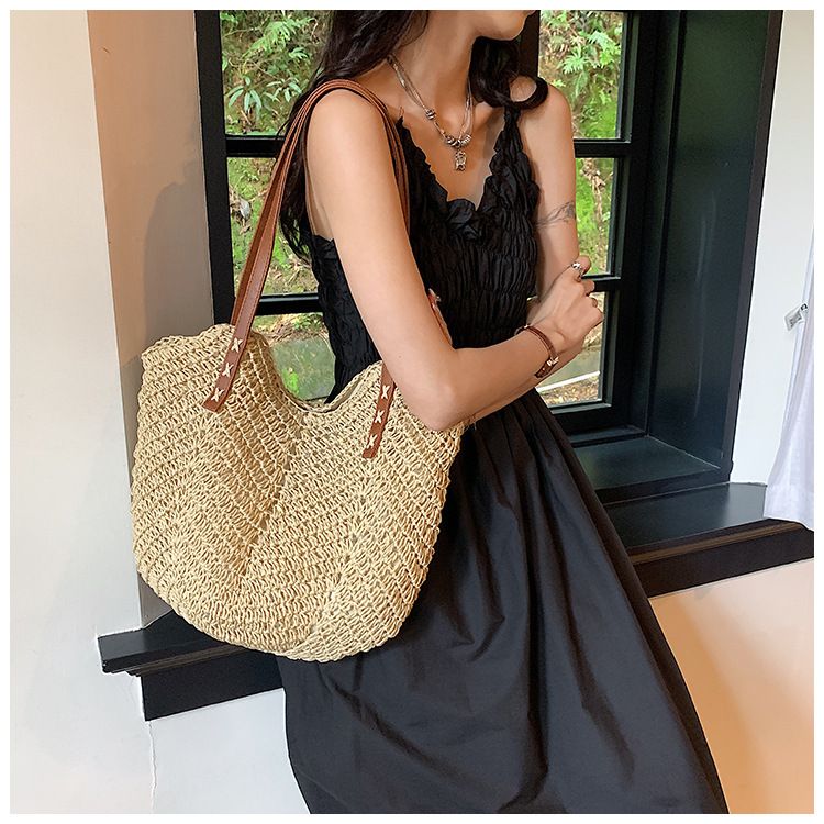 Borsa di paglia Borsa intrecciata Borsa di paglia intrecciata Mori Borsa da spiaggia per donna Borsa da spiaggia intrecciata Borsa a tracolla singola di grande capacità_voghion.com